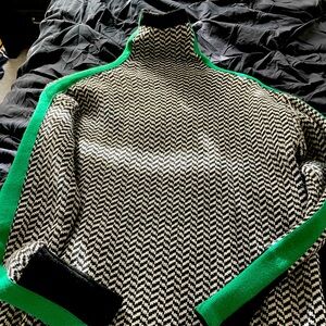 Herringbone mock turtleneck sweater with green and black ribbed trim size S to M